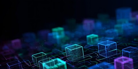 Poster - Abstract digital background with glowing holographic cubes and lines in blue, green, and purple colors on a dark black background.