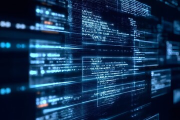 Fototapete - A dynamic digital background of computer code and data visualizations, representing the power to create complex analytics with AI technology.