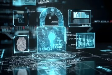 Poster - A futuristic digital padlock with holographic text 