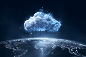 Poster - A glowing cloud symbolizing the global network of digital clouds, connected to various illustrated clouds across different continents on a dark blue background with light and shadow effects.