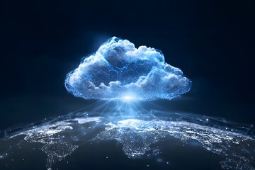 Poster - A glowing cloud symbolizing the global network of digital clouds, connected to various illustrated clouds across different continents on a dark blue background with light and shadow effects.