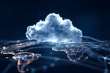 Poster - A glowing cloud symbolizing the global network of digital clouds, connected to various illustrated clouds across different continents on a dark blue background with light and shadow effects.