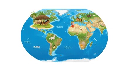  A colorful world map showcasing diverse animals and habitats from different continents and regions