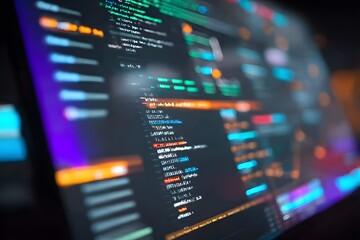 Poster - Close-up of an interactive screen displaying code in the foreground, with blurred-out digital marketing tools and tech gadgets in the background. 