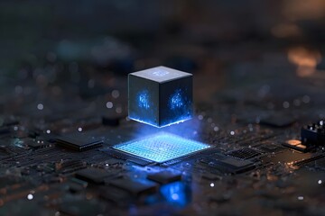 Aufkleber - 3D rendering of a tiny cube with a glowing blue light on top, floating over a large circuit board.