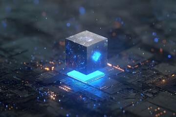 Aufkleber - 3D rendering of a tiny cube with a glowing blue light on top, floating over a large circuit board.