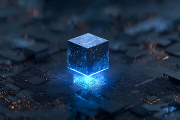 Aufkleber - 3D rendering of a tiny cube with a glowing blue light on top, floating over a large circuit board.