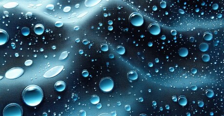 Poster - Water droplets cover dark blue surface. Reflections create bright highlights, cool tones dominate composition. Smooth texture visible.