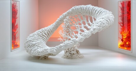 Poster - White sculpture resembles coral formation. Red panels flank installation, creating dramatic contrast within minimalist space.