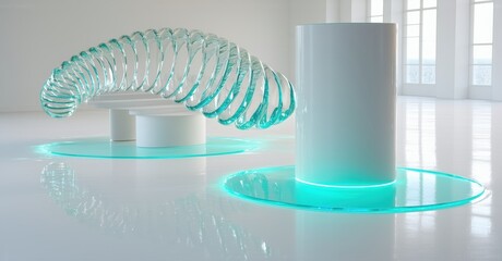 Poster - Minimalist interior features illuminated glass sculpture, white pedestal. Reflective floor enhances modern aesthetic, creating serene space.