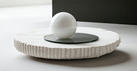 Poster - White sphere balanced on textured stone base. Minimalist composition, soft lighting, modern design aesthetic. Simple, elegant presentation.