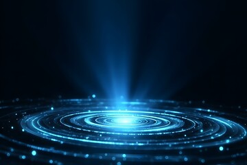 Poster - Abstract futuristic background with blue light rays and glowing circular rings on a black backdrop.