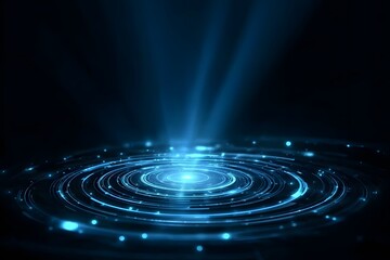 Poster - Abstract futuristic background with blue light rays and glowing circular rings on a black backdrop.