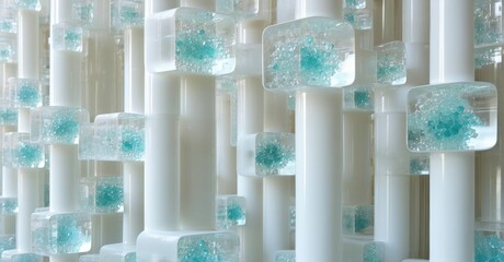 Poster - Abstract installation features repeating white columns with embedded turquoise crystalline structures. Minimalist design creates textured visual impact.