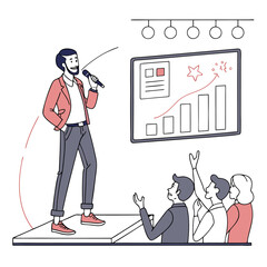 Poster - Man giving presentation with microphone on stage to audience with chart and graphs on screen behind him