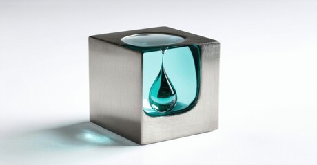 Poster - Metal cube contains turquoise droplet. Minimalist design, smooth surfaces, studio lighting, simple composition. Modern art object.