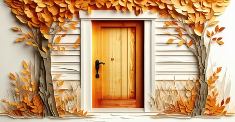 Aufkleber - Papercraft style door, autumn leaves, trees, cozy scene. Warm tones dominate composition, creating inviting feel.