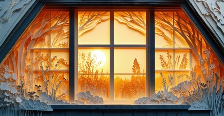 Poster - Papercraft window scene depicts sunset. Foliage surrounds glass panes, creating warm, inviting glow. Detailed layers suggest depth, texture.
