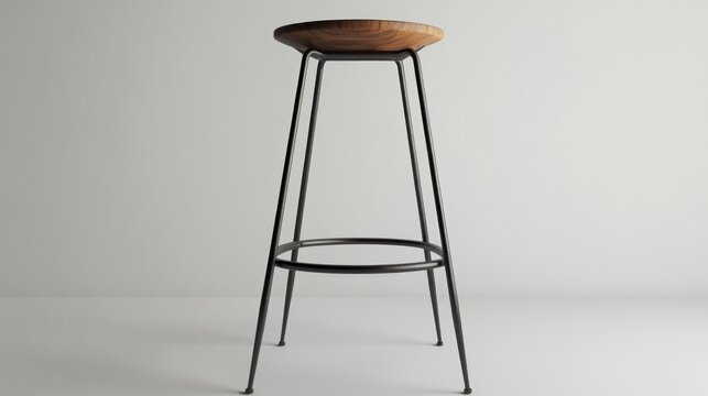 High bar stool with wood seat and metal legs, 3D rendering