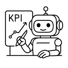 Poster - AI assistant Robot analyzing KPI metrics with a pen and chart on board  