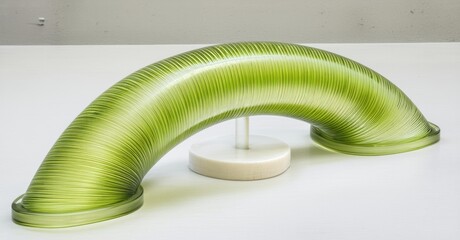 Poster - Glass sculpture, curved form, ribbed texture. Light green hue, displayed on white base. Modern art piece, studio shot.