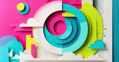 Poster - Colorful papercraft design. Abstract shapes, circles, clouds create vibrant composition. Bright hues dominate scene.