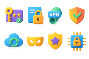 Fototapete - 3d security icons illustration: lock, key, shield, vpn, cloud for digital protection design