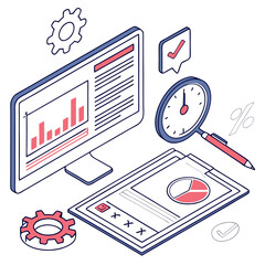 Poster - Isometric view of a computer screen displaying a bar graph and a document with a pie chart and clock nearby