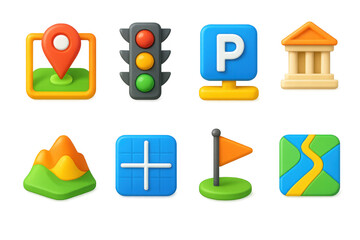 Poster - 3d location icons illustration featuring simple and colorful map symbols