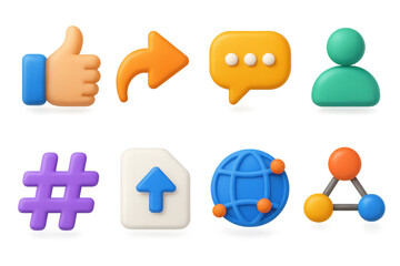 Poster - 3d social media icons illustration: thumbs up, hashtag, and global connectivity for digital design
