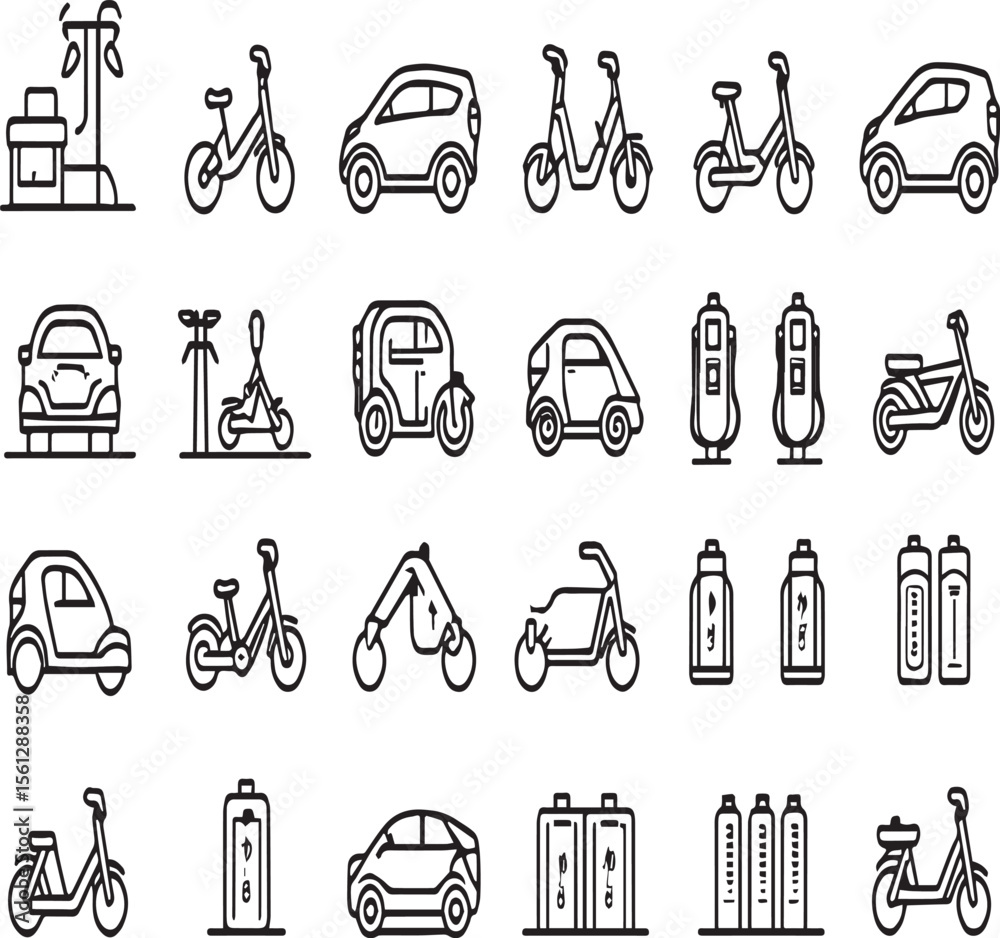Line art depicting various electric vehicles and batteries in a clean ...