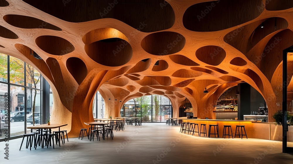 Organic wooden ceiling design in a contemporary cafe, featuring an open ...