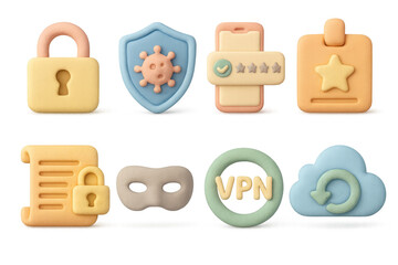Poster - 3d security icons illustration: cybersecurity symbols in simple grid for design