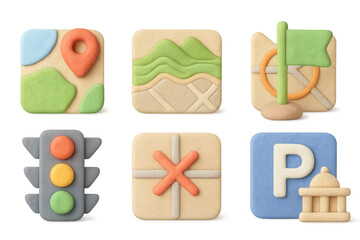 Poster - Clay style map and navigation icons illustration for travel design