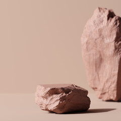Fototapete - 3D Rendering. Abstract Terracotta Stone Podium Display with Natural Rough Texture on Muted Beige Background.