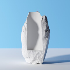 Fototapete - 3D Rendering. Minimalist White Stone Sculpture with Carved Interior on Blue Background for Product Display.