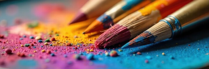 Wall Mural - Vibrant Gouache Paintbrushes Ready for Artistic Expression A Close-Up of Colorful Brushes and Palette