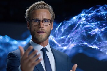 Poster - Business professional delivers a presentation on innovation technology in a modern setting