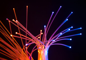 Fototapete - Illuminated Fiber Optic Strands Orange and Blue Lights, Data Transmission, Technology Abstract.