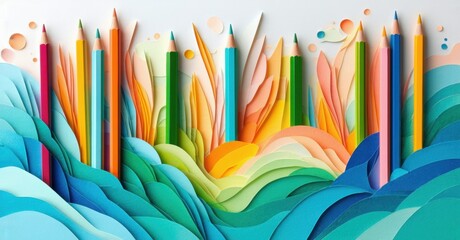 Poster - Colorful papercraft landscape. Pencil shapes form hills, waves, sky. Bright hues create vibrant, artistic scene. Unique design.