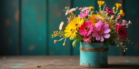 Wall Mural - Vibrant Wildflower Posy in Vintage Tin A Close-Up Burst of Spring Color and Rustic Texture, Perfect for Seasonal Designs and Crafts
