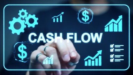 Poster - Digital Cash Flow Screen With Hand Touching Virtual Interface Featuring Investment Strategy Data And Finance Icons
