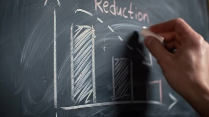 Poster - Hand Drawing Bar Graph Illustration Showing Business Reduction with Chalk Arrow on a Dark Gray Chalkboard Demonstrating