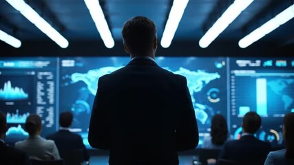 Poster - Man in Suit Addresses Audience with World Map and Charts on Screen Display in Dark Room under Neon Lights