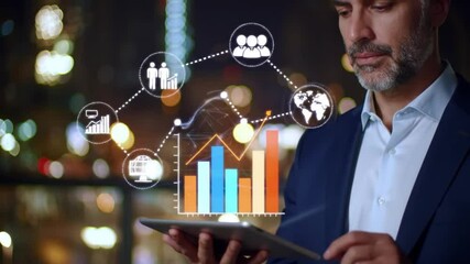 Poster - Man in Blue Suit Analyzing Business Data on Tablet with Glowing Charts Against a Blurred Night Cityscape