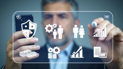 Poster - Mature Man Interacting with Transparent Digital Interface Showing Security Family Gears and Graphs While Holding