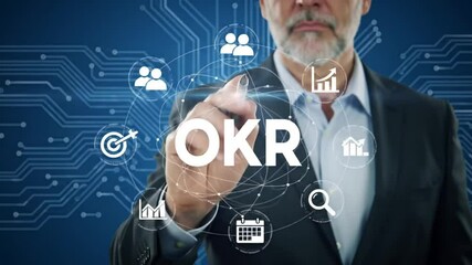 Poster - Objectives and Key Results Man Touch a Digital Screen Showing Okr Icons on Blue Circuit Background