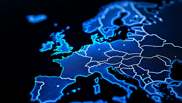 A close-up digitally rendered map of Europe is shown with glowing blue outlines defining country borders against a dark textured background