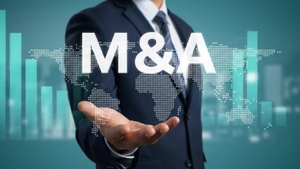Poster - Torso Shot of Person with Open Hand Under M and A Text with Faded World Map Overlay in Blue Cityscape Background