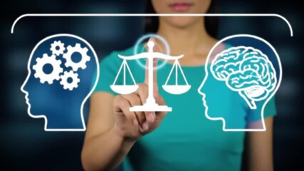 Poster - Woman Interacting with Digital Interface Displaying Gears and Brain Symbolizing Cognitive Functions and Mental Balance